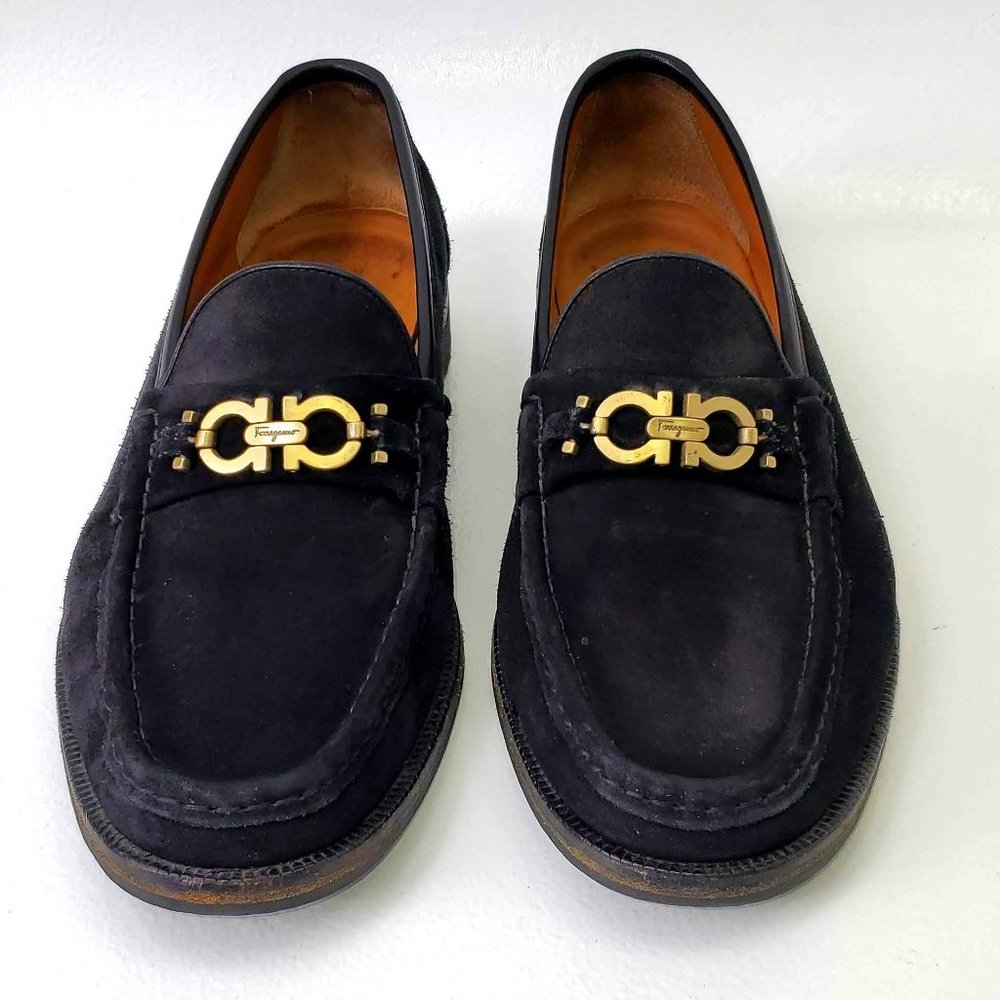 Salvatore Ferragamo Black Suede Loafers with Gold Gancini Hardware